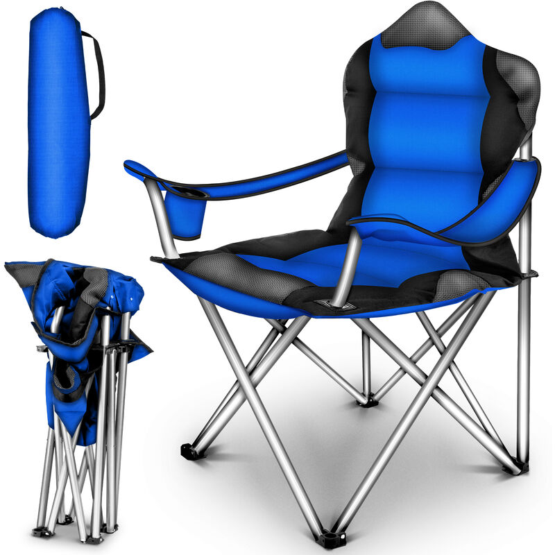 TRESKO Chaise de camping pliante BLEU jusqu'à 150 kg chaise de pêche, avec accoudoirs et porte-gobelets