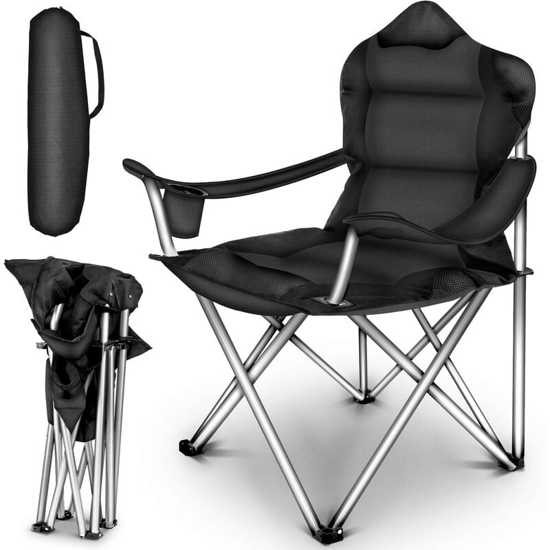 Chaise de camping pliante noir jusqu'à 150 kg chaise de pêche, avec accoudoirs et porte-gobelets - Tresko