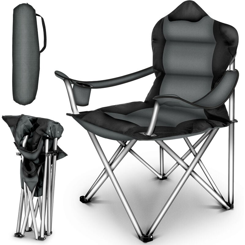 TRESKO Chaise de camping pliante GRIS jusqu'à 150 kg chaise de pêche, avec accoudoirs et porte-gobelets