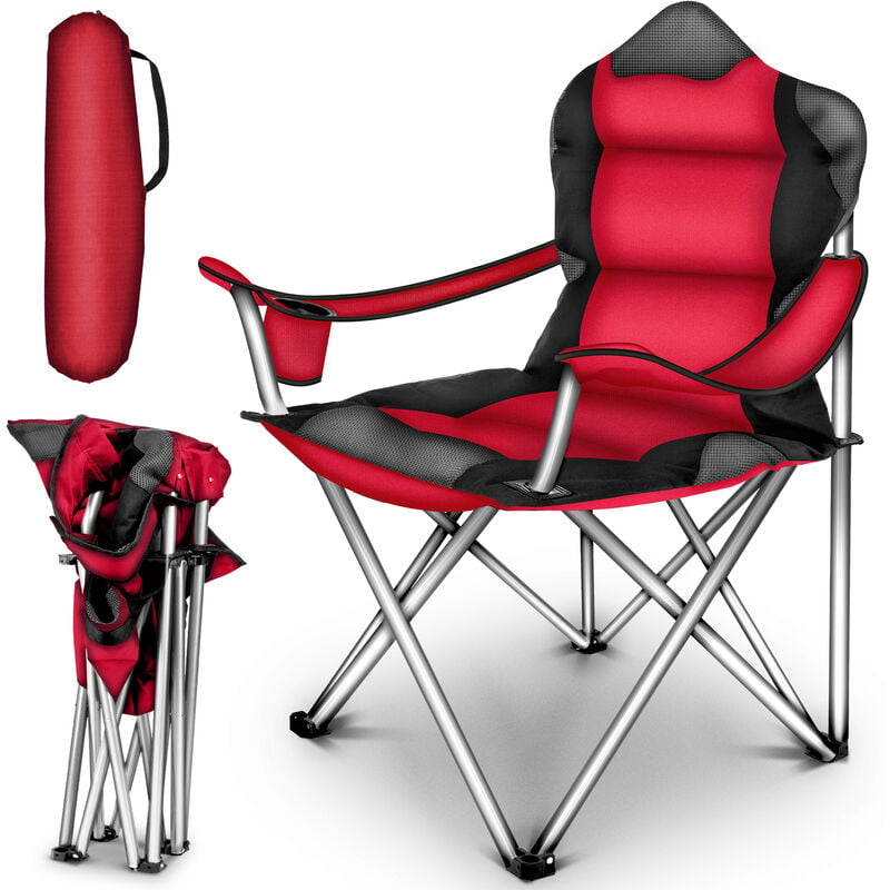 Chaise de camping pliante rouge jusqu'à 150 kg chaise de pêche, avec accoudoirs et porte-gobelets - Tresko
