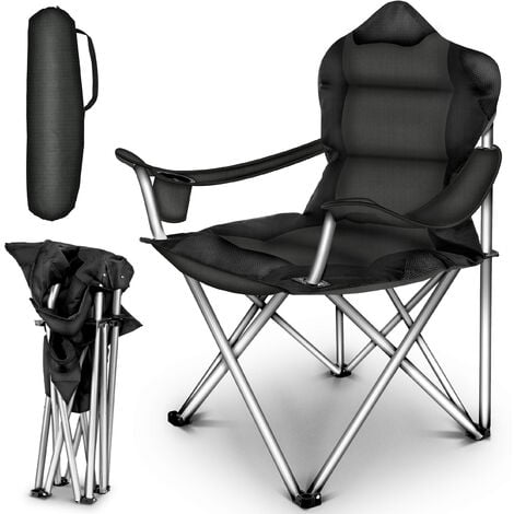 TRESKO Chaise de camping pliante NOIR jusqu'à 150 kg chaise de pêche, avec accoudoirs et porte-gobelets