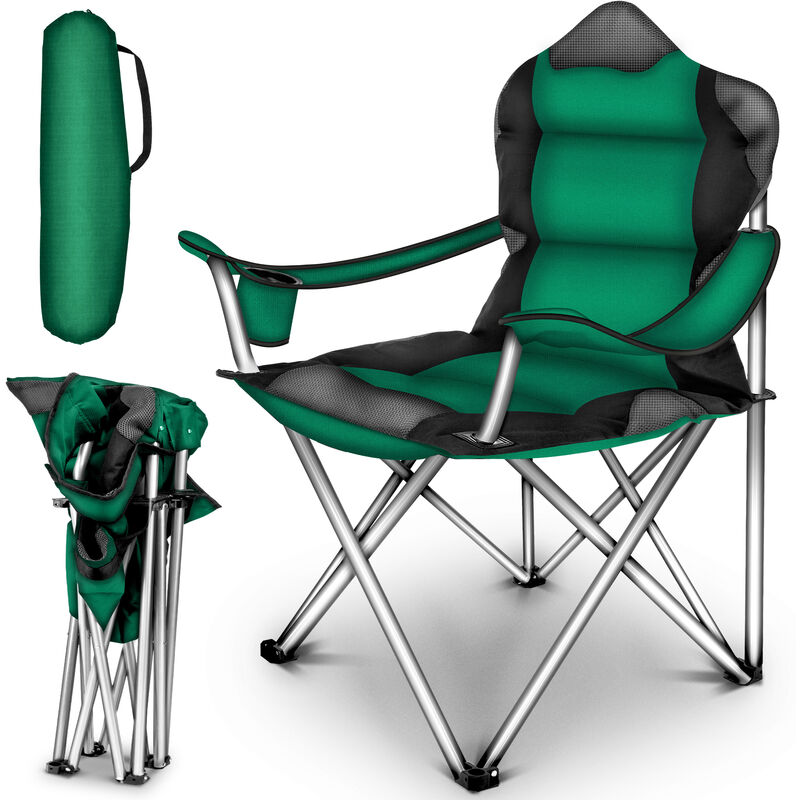 Chaise de camping pliante vert jusqu'à 150 kg chaise de pêche, avec accoudoirs et porte-gobelets - Tresko
