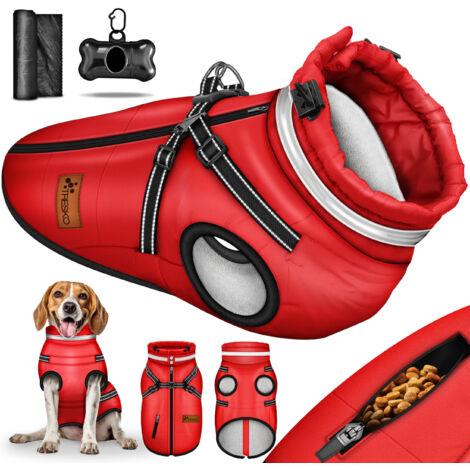 TRESKO Giacca invernale rossa per cani, taglia 3XL, con catarifrangenti, inclusi 15 sacchetti per escrementi e dispenser  Impermeabile per cani  Cappotto per cani con pettorina  Gilet invernale fodera