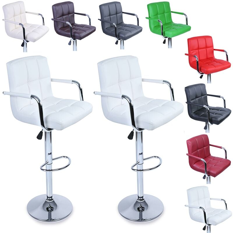 Tresko - Lot de 2 Tabourets de bar blanc avec dossier, accoudoir, chromé, rotation à 360°, hauteur réglable, 62,0 à 82,5 cm