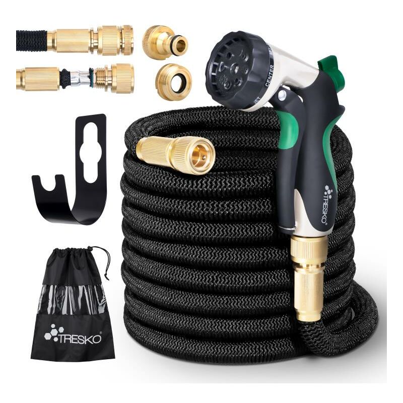 

® Manguera flexible de jardín 15M Negro, manguera flexible con triple capa de látex, manguera de riego extensible, manguera con boquilla multifunción