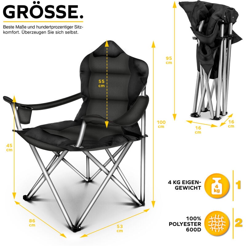 Silla de Pesca port/átil con reposabrazos y portabebidas hasta 150 kg TRESKO/® Silla de Camping Plegable y transportable