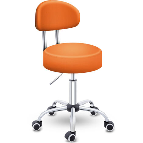 TRESKO Taburete con ruedas naranja con respaldo, taburete de trabajo, taburete giratorio, taburete cosmético, taburete de práctica.
