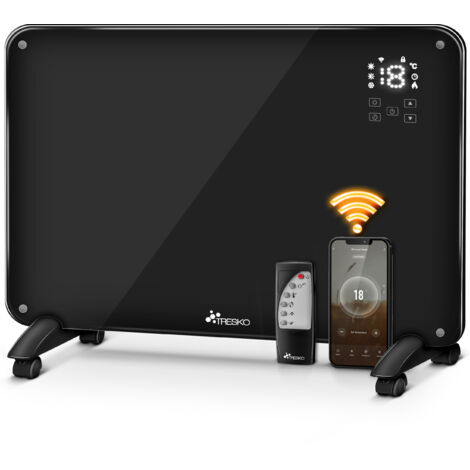 TRESKO Termoconvettore in vetro 2000W APP WiFi nero  Termoconvettore con telecomando incluso  Termoconvettore touch e display LCD  Radiatore elettrico indipendente o da parete