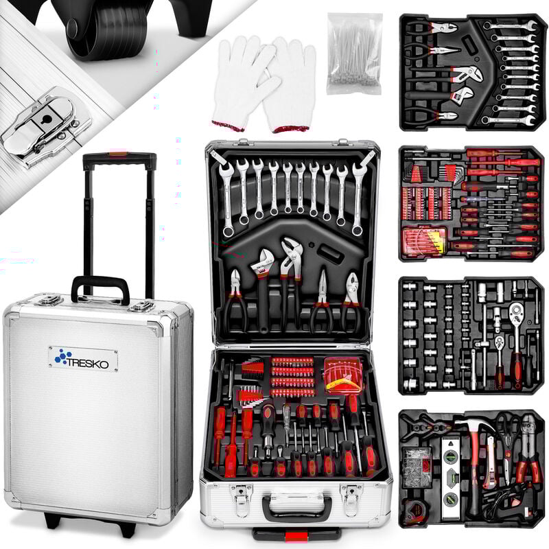 Valise multi outils 949 pièces Argente Boite à Outils Coffre en Acier Chromé Vanadium et Trolley - Tresko