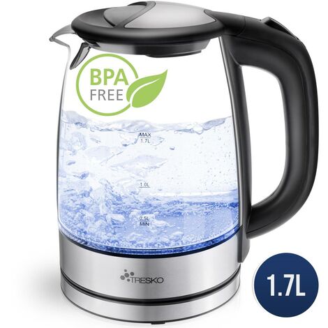 TRESKO Wasserkocher Glas 1,7L Glaswasserkocher LED Edelstahl 2200W Teekocher BPA frei