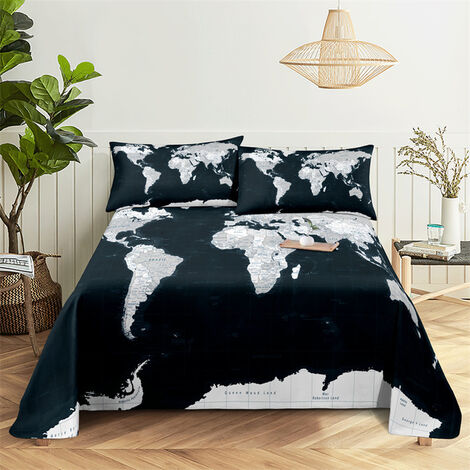 Trésor, drap de lit imprimé carte du monde, drap plat en Polyester avec taie d&39oreiller,1,110X230cm(2Pcs),FEUILLE PLATE