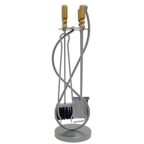 Trespolo per Attrezzi Camino con Paletta Scopino Attizzino e Pinza 19x19x72 cm in Ferro e Legno Grigio Martellato