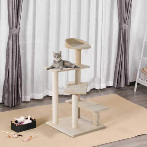 Trespolo per Gatti Multilivello con Tiragraffi in Sisal, Albero per Gatti con Piattaforme e Cuccia in Peluche Beige, 50x50x100cm