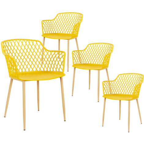 TRESSIE - Lot de 4 Fauteuils Jaunes Pieds Effet Bois Verni