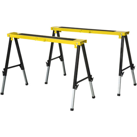 Lot de 2 tréteaux pliables télescopiques – Dimensions 100L x 49l x 62-89,5H cm – Charge max 100 kg – Surface antidérapante métal noir jaune – Durhand