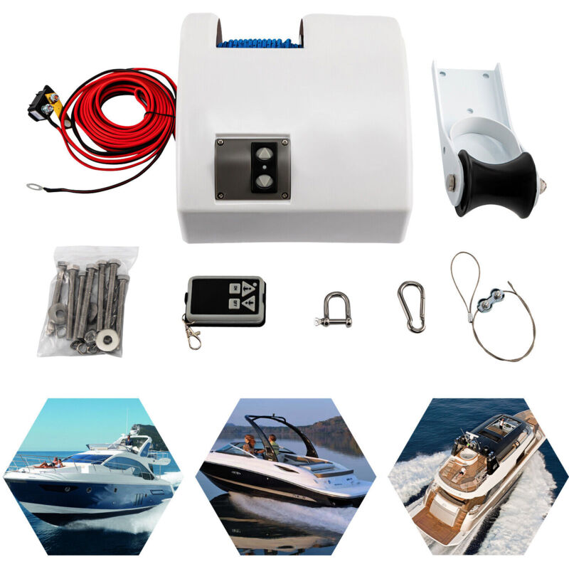 Treuil électrique pour bateaux avec télécommande sans fil - Eau salée marine - 25 kg - 30 m - 12 v - Blanc - Eau salée - Pour ancre jusqu'à 20 kg
