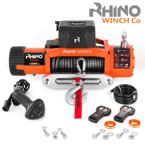 RHINO WINCH Electrique RHINO 24v 13500lbs / 6125 kg Corde Synthétique Plus Solide que l'Acier Orange avec Deux Télécommandes Sans Fil - Garantie 2 Ans