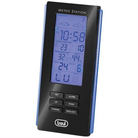 Trevi ME 3108 RC Stazione Meteo con Sensore Esterno, Display Retroilluminato a LED Blu, Termometro Interno Esterno, Igrometro e Funzione Sveglia, Nero