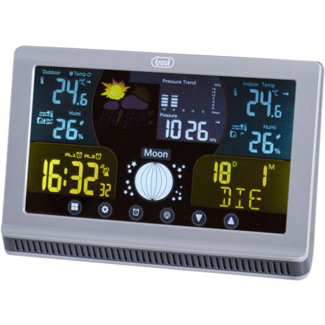 Trevi ME 3P70 RC Station météo avec capteur extérieur et commandes tactiles, thermomètre, affichage de l'humidité et des phases de la lune, alarmes programmables avec fonction Snooze, calendrier multi