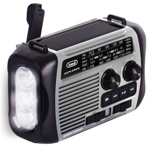 Trevi RA 7F30 BT Radio portátil multibanda FM/Am/SW con Reproductor MP3 inalámbrico, función Power Bank y Linterna LED, Carga Solar, con Dinamo o USB-C, Ideal para emergencias, Camping, Viajes, Gris