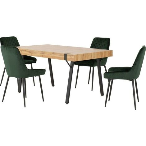 Treviso Dining Set with Avery Chairs - Light Oak Effect/Black/Emerald Green Velvet
