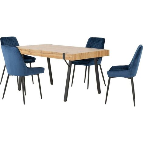Treviso Dining Set with Avery Chairs - Light Oak Effect/Black/Sapphire Blue Velvet