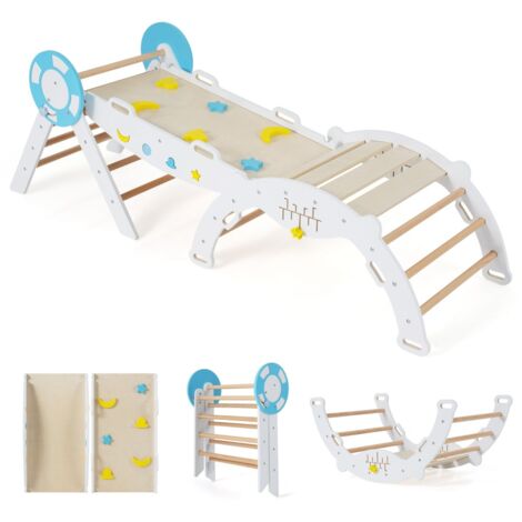 Triangle 7 en 1 Jouets d'Escalade pour Enfants avec Rampe Échelle et Arche Ensemble d'Escalade Montessori en Bois à Thème Nautique Blanc