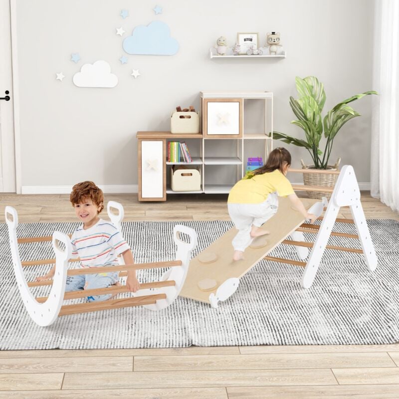 Triangle Arche Montessori 7 en 1 dEscalade avec Toboggan Bois Rampe Échelle Réglable Blanc Naturel pour 1 Ans+ CW11512