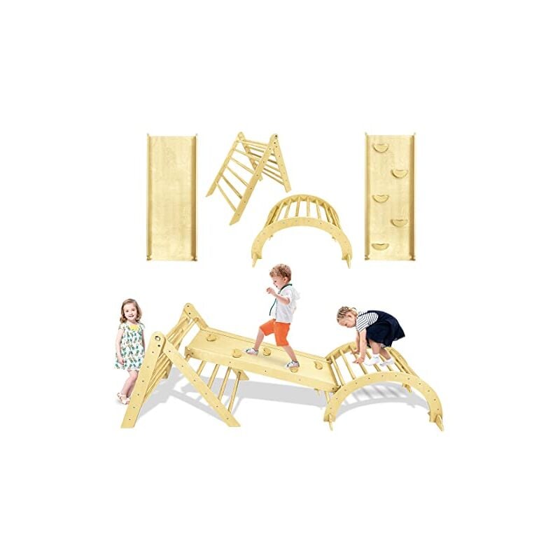 Triangle d'escalade 3 en 1 Aire de jeux multifonctionnelle en bois de bouleau Montessori pour enfants avec toboggan, rampe et arche d'escalade Jouets