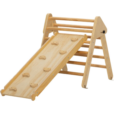 Triangle d'escalade 3-en-1 en bois naturel pour grimper et glisser, charge max. 50 kg, 18-48 mois
