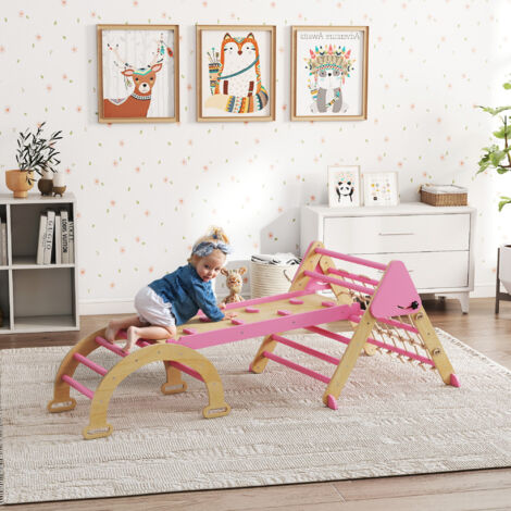 Triangle d'escalade enfants 8 en 1 avec rampe double face. arc d'escalade en bois avec toboggan & échelle. rose