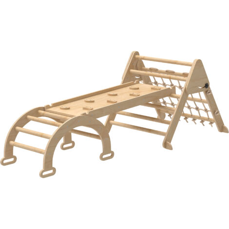 Triangle d'escalade enfants 8-en-1 avec rampe double face, arc en bois naturel avec toboggan et échelle