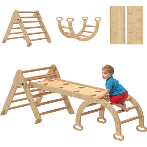 Triangle d’escalade Montessori 7 en 1 Pliant en bois avec arche et rampe pour enfants 18-48 mois 188x70 cm Naturel