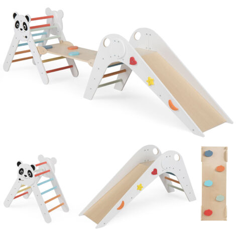 Triangle d’Escalade Montessori Enfant Pliable sur Thème Panda avec Rampe et Échelle, Parcours Motricité Bébé Bois avec Toboggan, Blanc