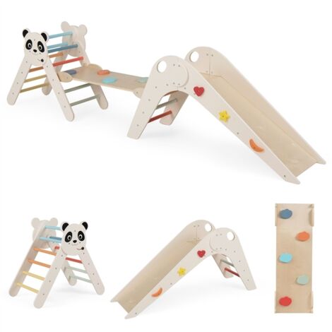 Triangle d’Escalade Montessori Enfant Pliable sur Thème Panda avec Rampe et Échelle, Parcours Motricité Bébé Bois avec Toboggan, Coloré