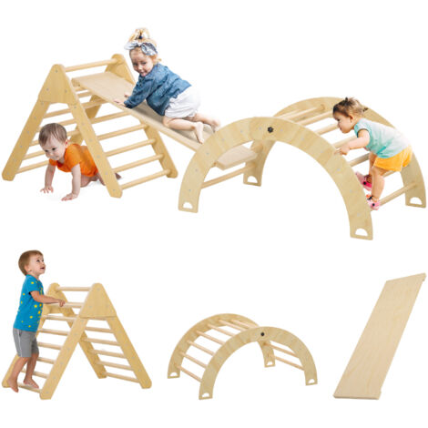 Triangle d’escalade pour enfants de 18 à 48 mois avec rampe d’escalade en arc 219x72,5 cm naturelle