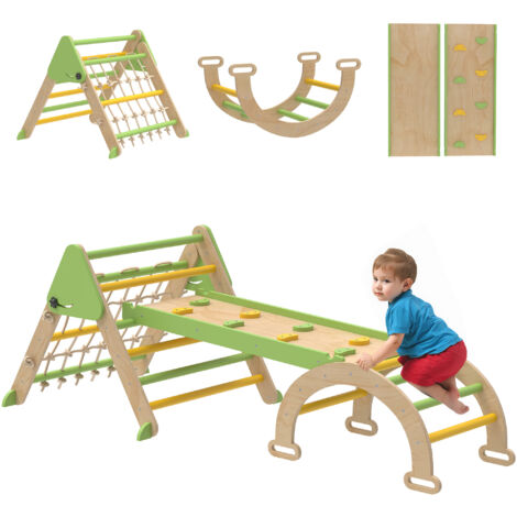 Triangle escalade enfants 8 en 1 rampe double face arc escalade bois toboggan échelle vert