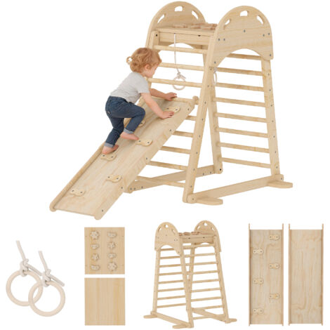 Triangle escalade Montessori 6-en-1, plateforme, anneaux, structure bois avec toboggan, naturel