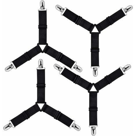 AOUGO Triangle Tendeur Drap Housse Réglable, Fixation Sangle de Maintien pour Literie, Drap Lit, Housse Repassage, Matelas, Canapé (Noir, Lot de 4)