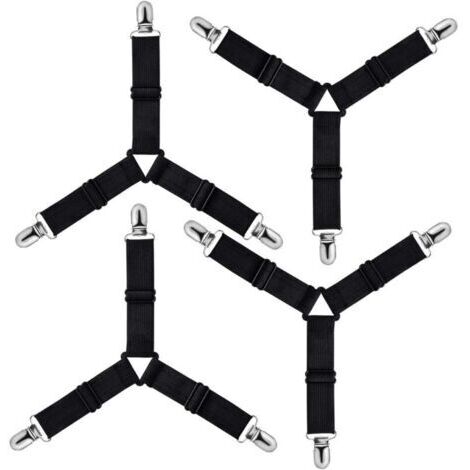 Triangle Tendeur Drap Housse Réglable, Fixation Sangle de Maintien pour Literie, Drap Lit, Housse Repassage, Matelas, Canapé (Noir, Lot de 4)