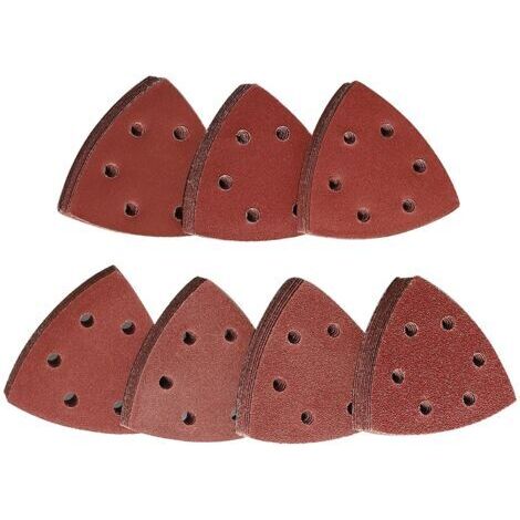 Triangoli abrasivi autoadesivi, confezione mista da 70 pezzi con 10 grane diverse: 60/80/120/180/240/320/400, dimensioni 93 x 93 x 93 mm. Per levigatrici Delta.