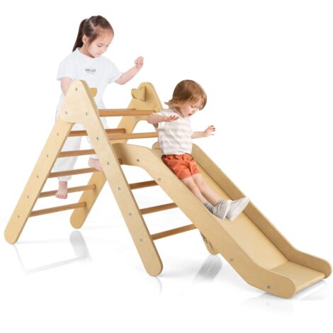 Triangolo da arrampicata in legno 2 in 1 con scivolo, scala da arrampicata con altezza regolabile, struttura robusta, carico 60 kg per bambini 1 anno+