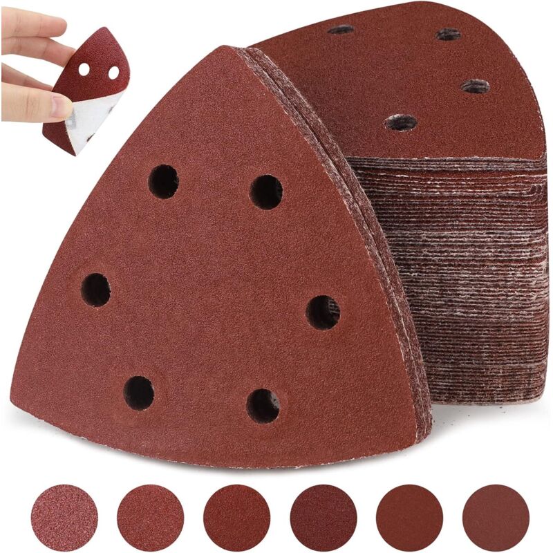 Triángulos de lijado Delta, 120 piezas Triangl Poncag de 6 agujeros, papel de lija triangular 93x93x93 mm (20 x grano 40/60/80/120/180/240 cada uno),