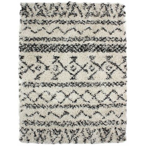 TRIBAL CHIC - Tapis à poils longs motifs ethniques écru 133x190