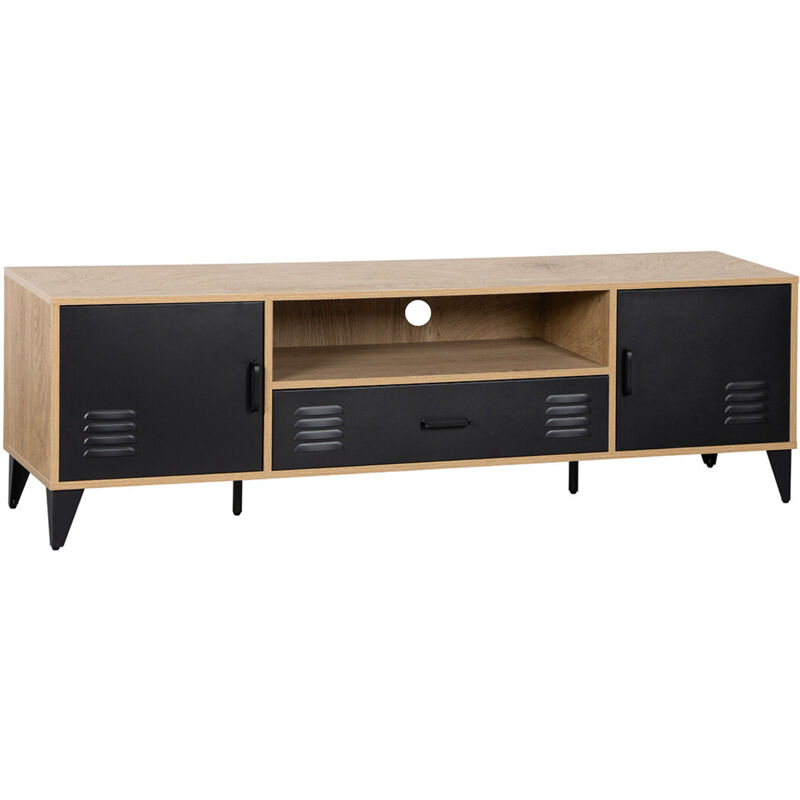 Bestmobilier – Meuble TV effet bois et métal noir 160 cm – Style industriel moderne – Rangement pratique pour équipements multimédias – Hauteur 50 cm
