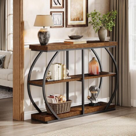Tribesigns 105 cm Console Table, Industrial 3-Tier Entryway Table with Arched Metal Frame and Storage Shelves for Living Room, Hallway, Rustic Brown