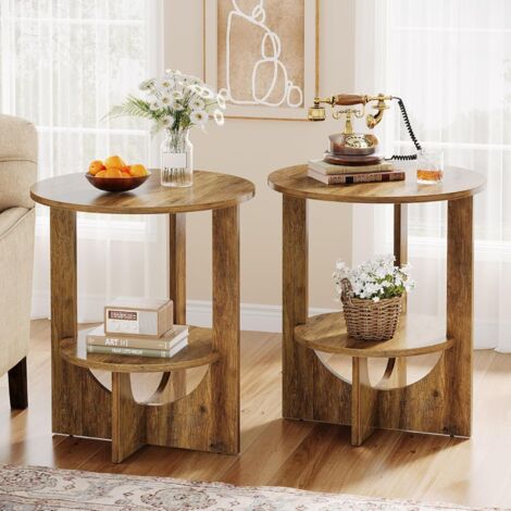 Tribesigns 2-er Set Beistelltisch Rund, 2-Tier Nachttisch für Wohnzimmer, 50 x 50 x 65 cm, Kleiner Couchtisch mit Stauraum für kleine Räume, Sofa Couch Schlafzimmer Braun