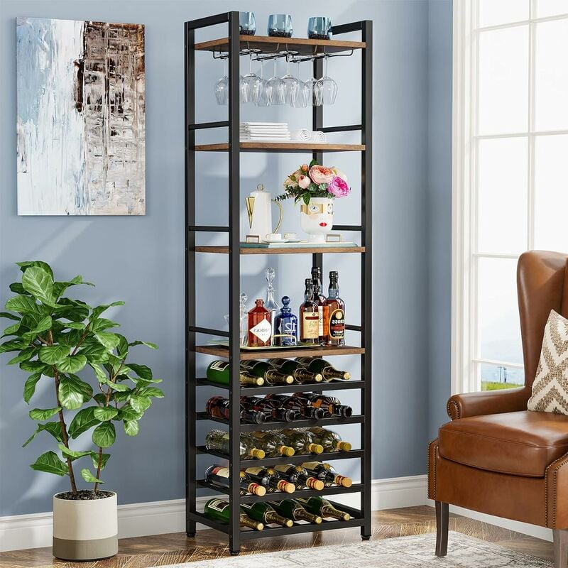 Tribesigns 20 Bottle Wine Bakers Rack, 9 Tier Freestanding Wine Rack with Glass Holder and Storage Shelves, Multi-Function Wine Bar Cabinet Bottle