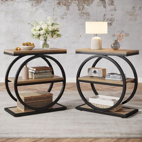 Tribesigns 2er-Set Beistelltisch, schmaler Beistelltisch mit 3 Ablagen, Beistelltisch aus Holz mit schwarzen Metallrahmen, industrieller kleiner Sofa-Beistelltisch für Wohnzimmer