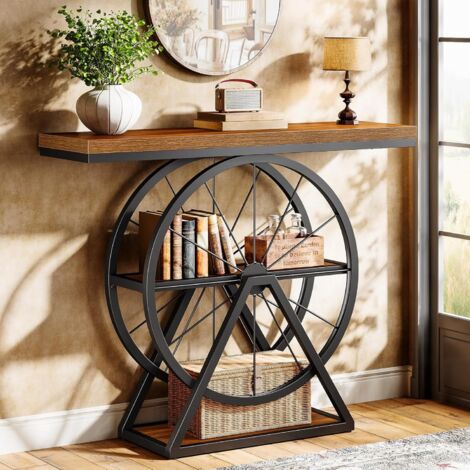 Tribesigns 39.4" Console Table, Industrial 3-Tier Sofa Table Entryway Table with Fixed Wheel Base, Narrow Wood Accent Tables with Storage Shelves for Living Room, Hallway, Foyer, Rustic Brown